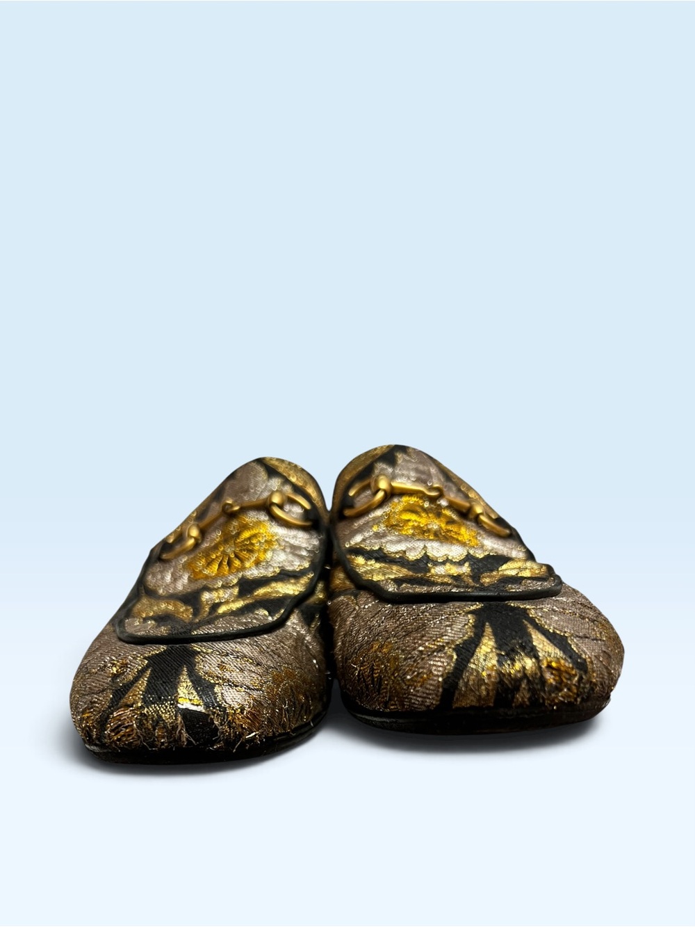 Gucci Gold, Black & Red Heart Embroidered Horsebit Mules - Picture 2 of 4